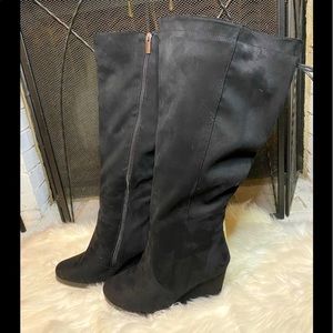 Wide Calf Black Faux Suede Wedge Boots SZ 11W